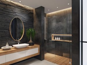 luxurious modern bathroom with a large stand-up shower with double doors