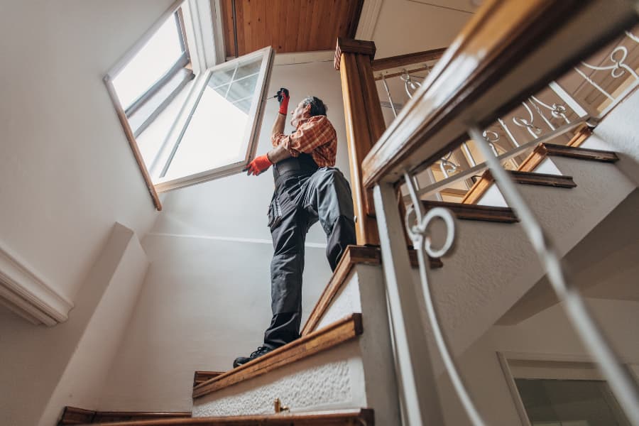 Worker installing window with tool on staircase